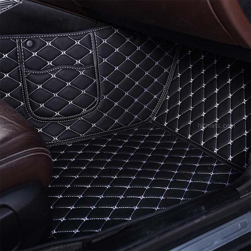 Black Leather and White Stitching Diamond Car Mats Passenger Side