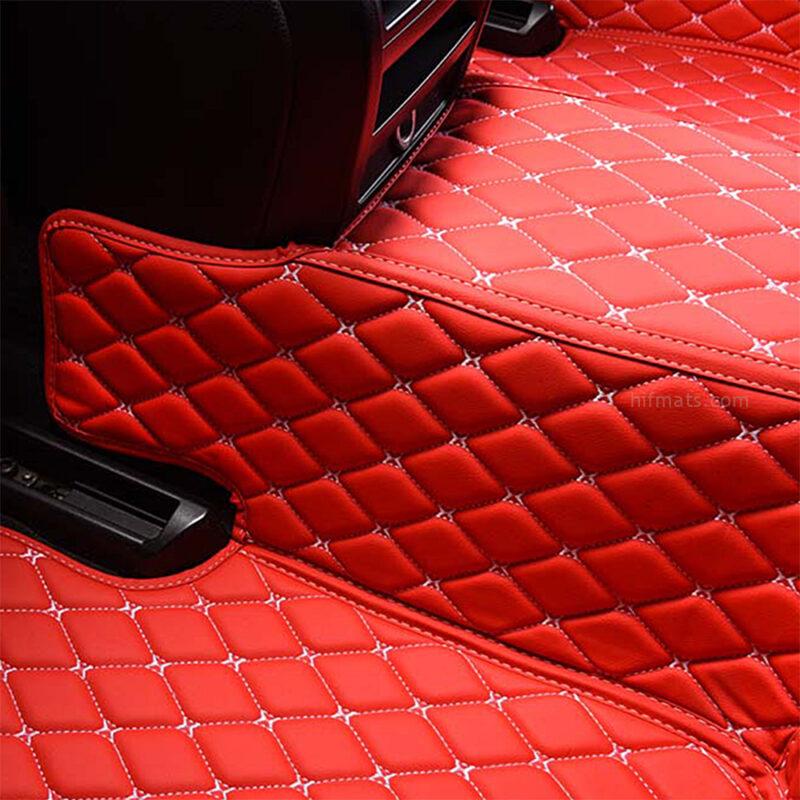 Red Leather and White Stitching Diamond Car Mats Back Side Closeup