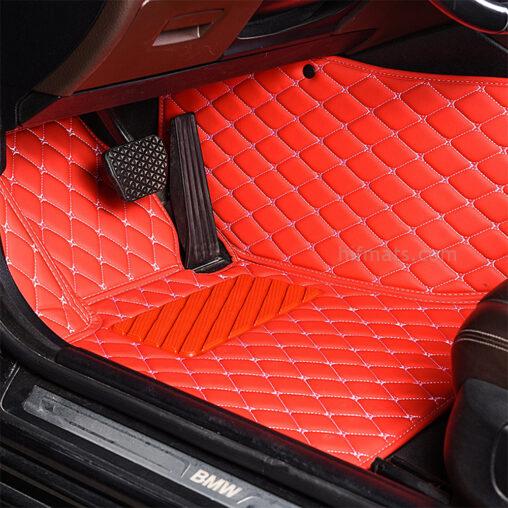 Red Leather and White Stitching Diamond Car Mats Driver Side